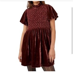 Free People Women’s L Gum Drop Velvet Mini Smocked Maroon Dress Holiday Festive